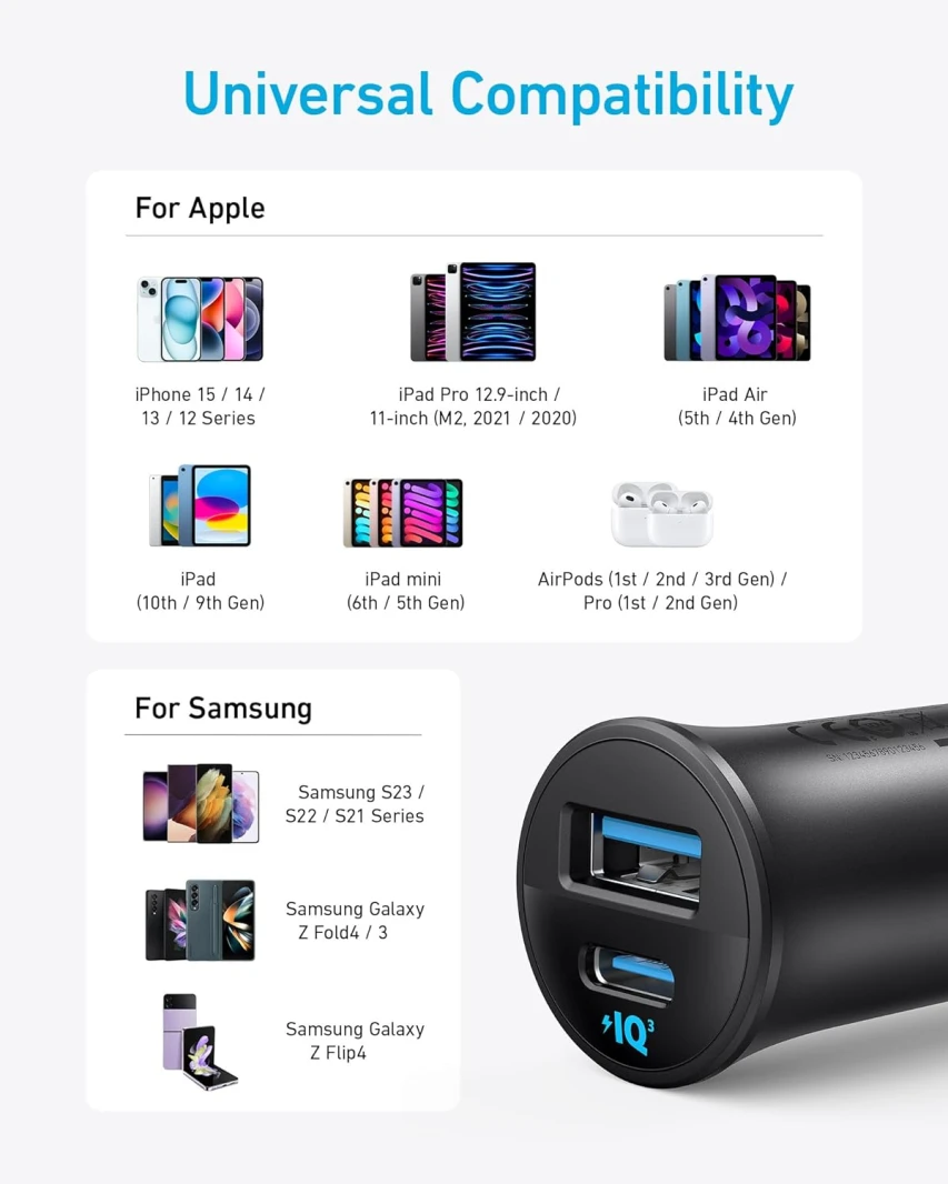 شاحن سيارة Anker 30W بمنفذين USB-C وUSB