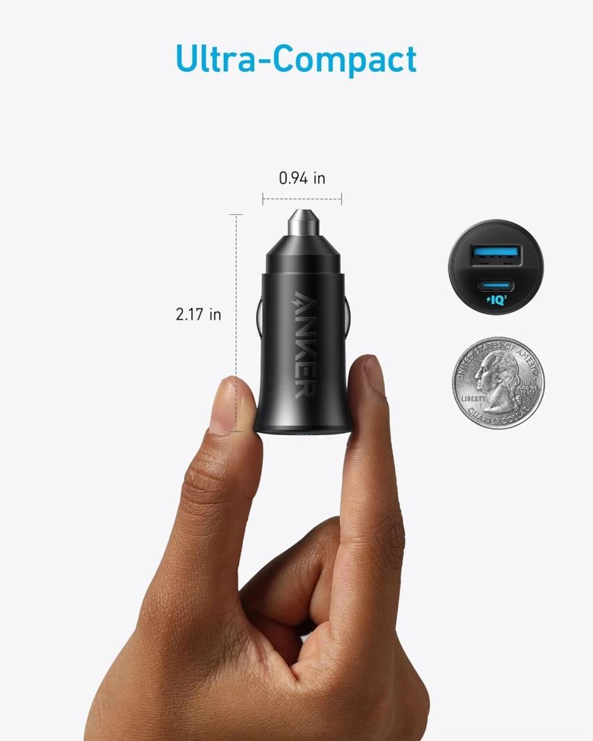 شاحن سيارة Anker 30W بمنفذين USB-C وUSB