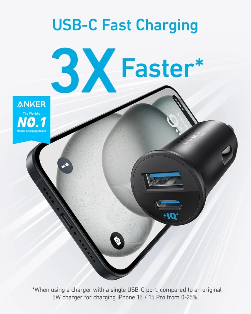 شاحن سيارة Anker 30W بمنفذين USB-C وUSB
