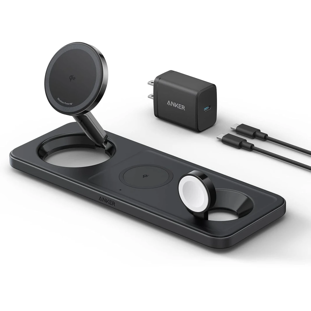 محطة شحن لاسلكية قابلة للطي 3 في 1 من Anker، شاحن لاسلكي فائق السرعة 15 وات معتمد من Qi2 (شاحن USB-C وكابل متضمنان)