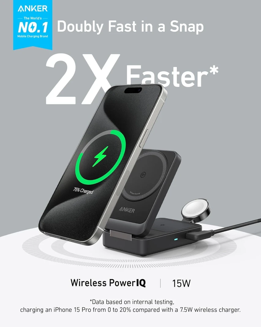 Anker MagGo 3-in-1 Qi2 Certified 15W MagSafe Charging Station with 40W USB-C Charger – Black