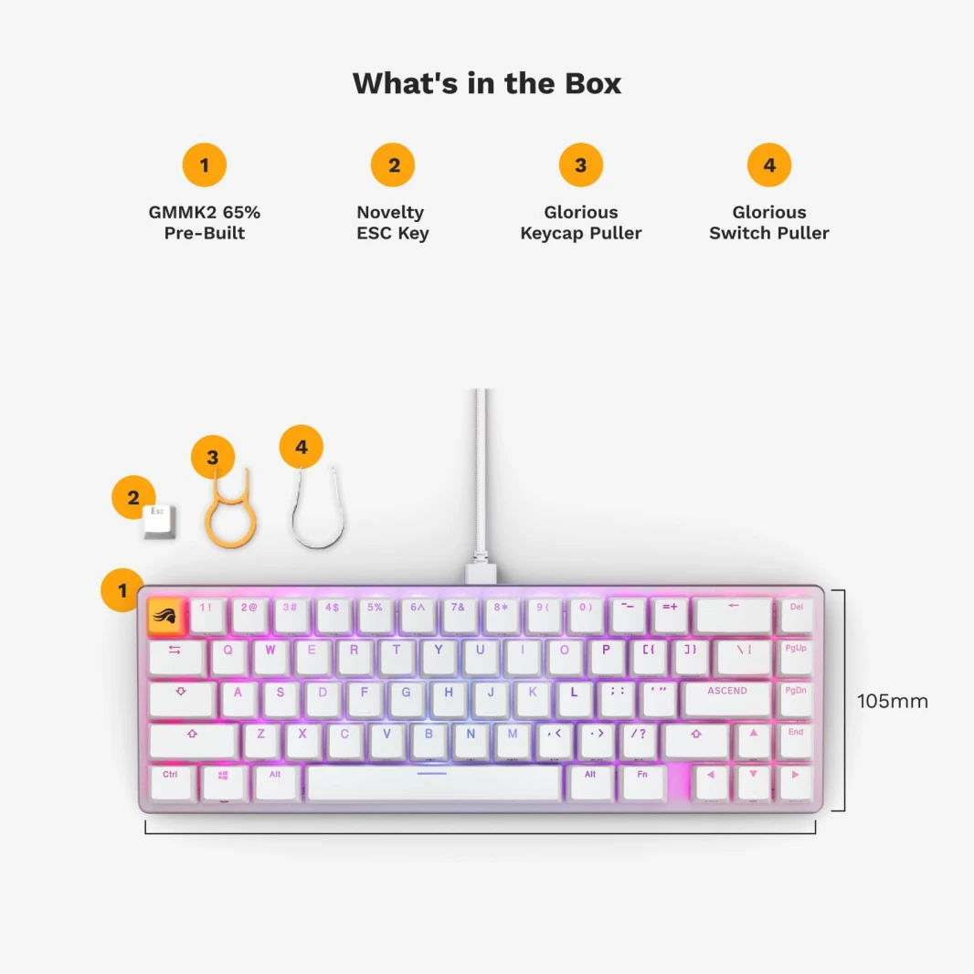 Glorious Gaming GMMK 2-65 Percent Keyboard Included Double Shot Keycaps & Linear Switches – White