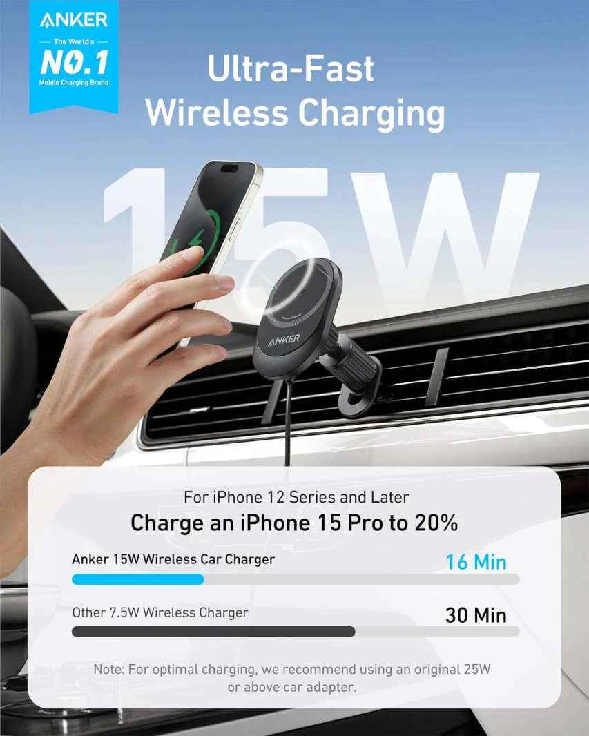 مجموعة شاحن سيارة لاسلكي Anker MagGo Fast 15W MagSafe مع كابل وشاحن