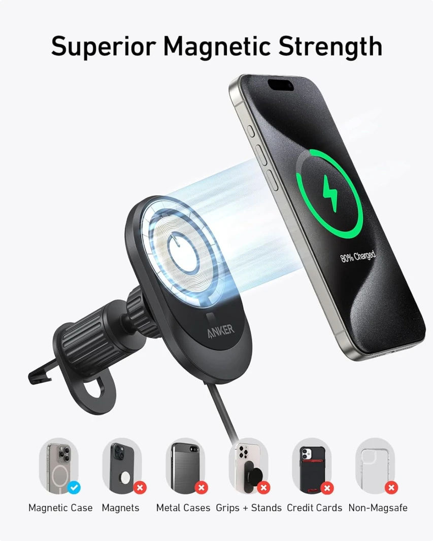 مجموعة شاحن سيارة لاسلكي Anker MagGo Fast 15W MagSafe مع كابل وشاحن