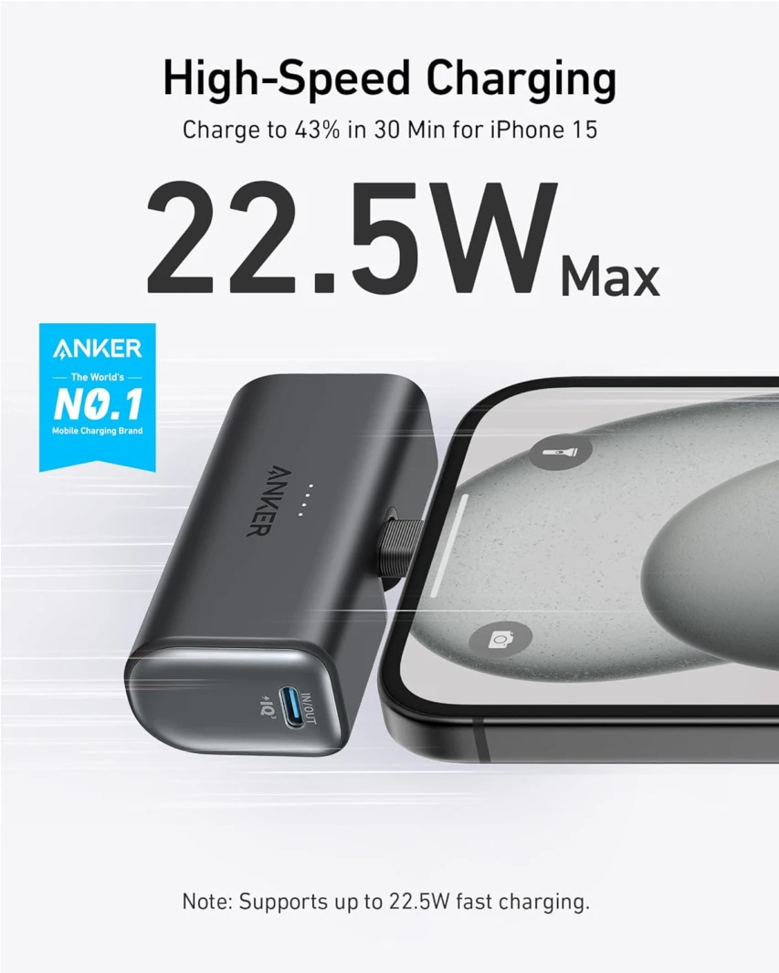 باور بانك أنكر نانو 5,000 مللي أمبير 22.5 واط مع موصل USB-C قابل للطي مدمج - أسود