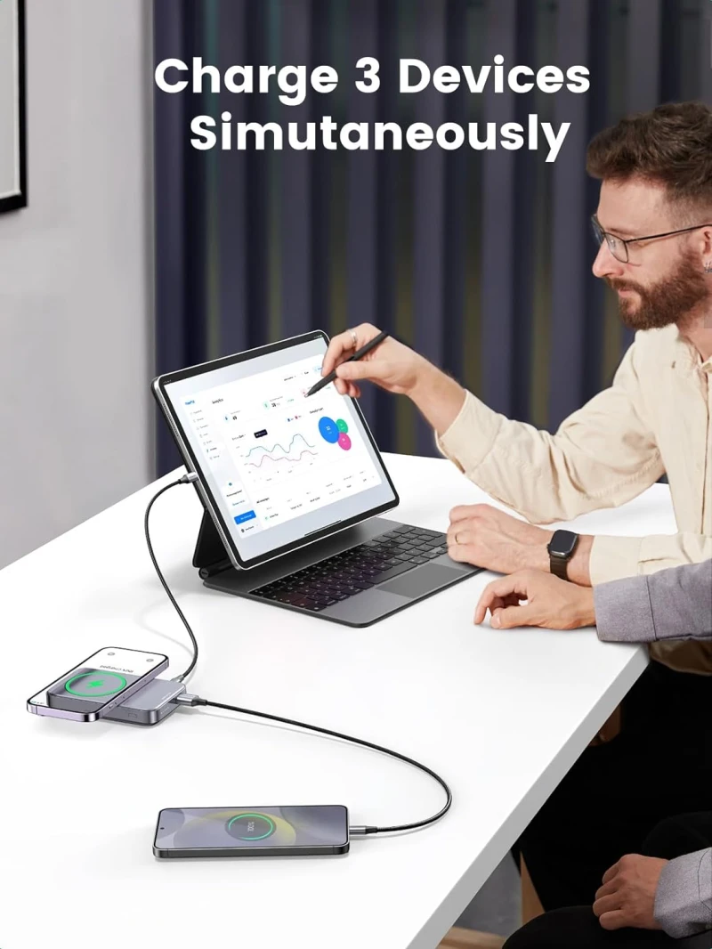 UGREEN 10,000mAh Magnetic Wireless Power Bank with 3 Ports and Stand – Black