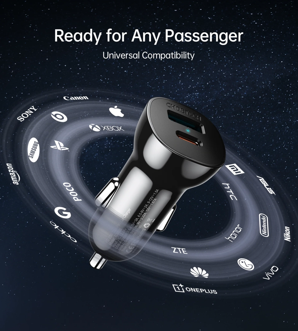 شاحن سيارة سريع من Choetech بقوة 38 واط بمنفذ USB-C وUSB-A