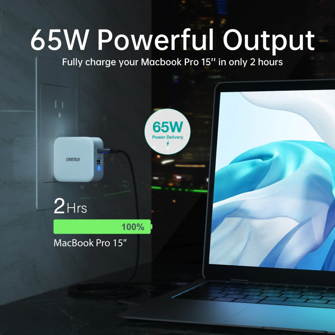 محول شحن سريع Choetech 65 وات بمنفذين PD GaN Tech USB C
