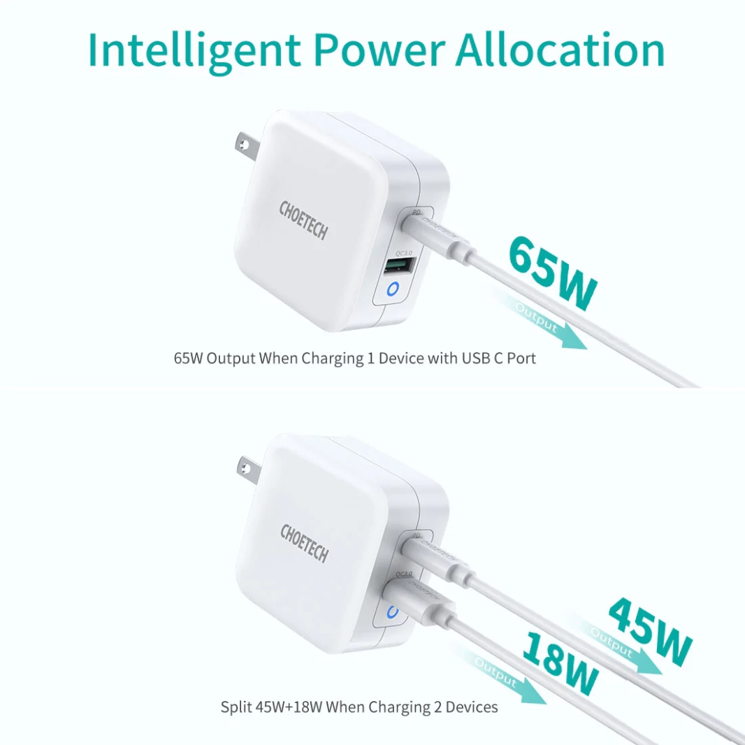 محول شحن سريع Choetech 65 وات بمنفذين PD GaN Tech USB C