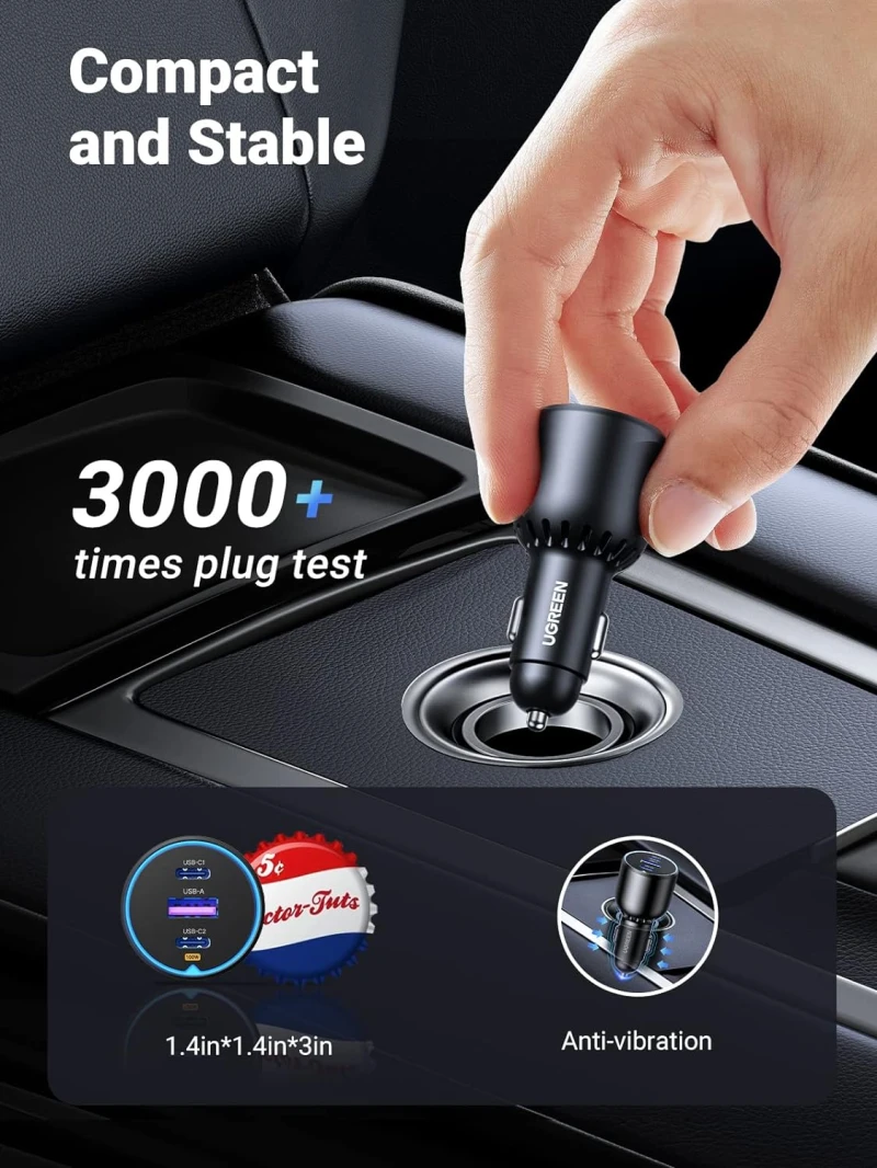 شاحن سيارة يوجرين 130 وات USB C بثلاثة منافذ
