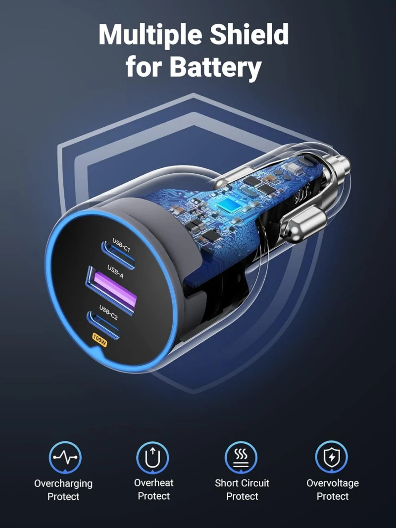 شاحن سيارة يوجرين 130 وات USB C بثلاثة منافذ