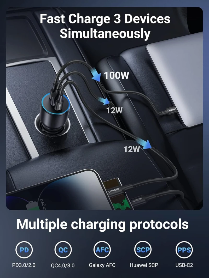 شاحن سيارة يوجرين 130 وات USB C بثلاثة منافذ