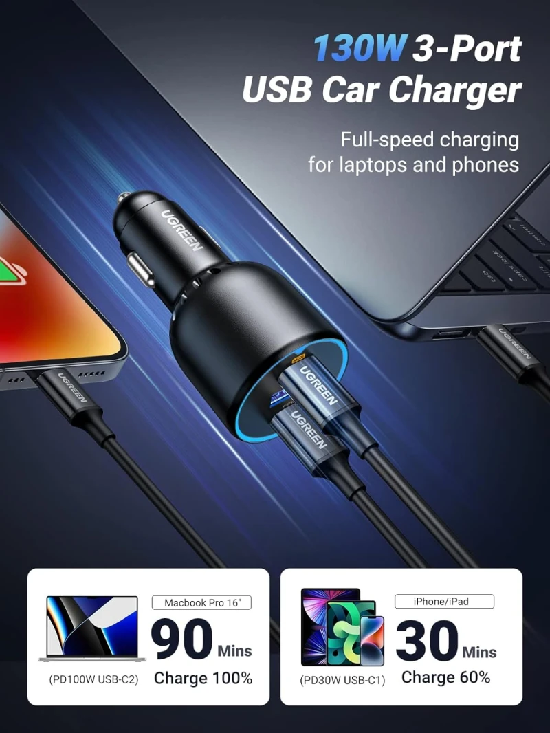 شاحن سيارة يوجرين 130 وات USB C بثلاثة منافذ