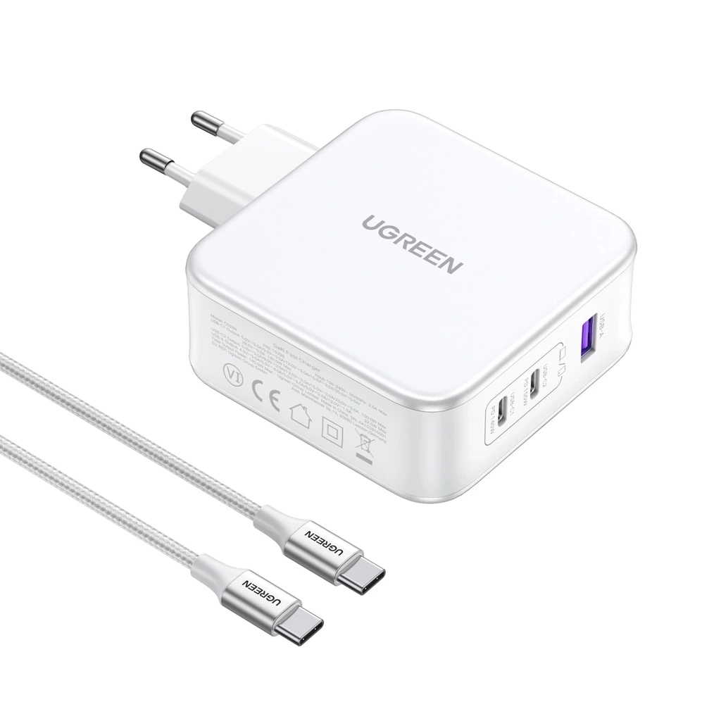 شاحن حائط UGREEN Nexode 140W USB C GaN 3 منافذ مع كابل C إلى C بطول 1.5 متر - أبيض