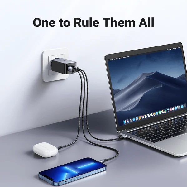 شاحن حائط UGREEN Nexode 65W USB C GaN 3 منافذ - أسود