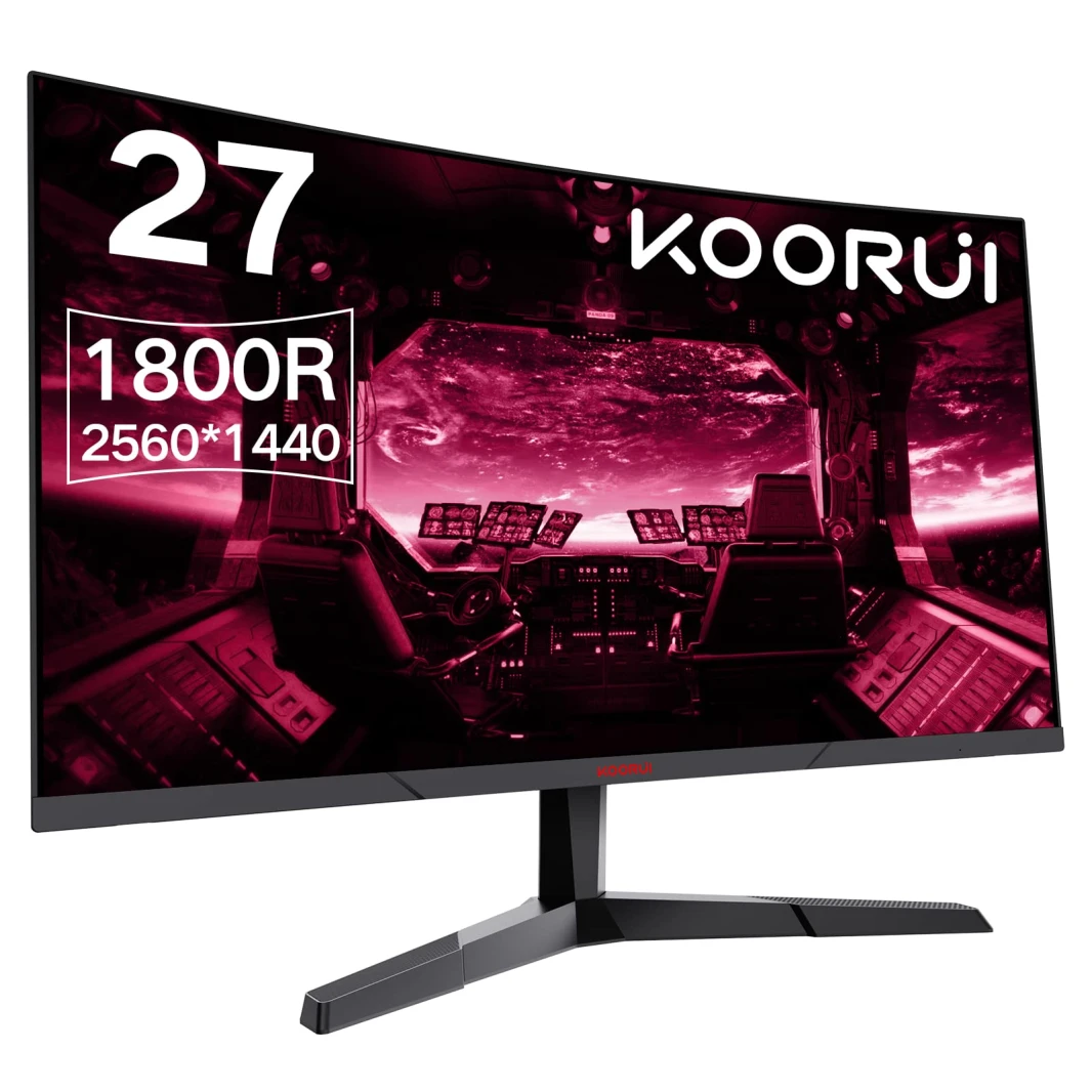 شاشة كمبيوتر KOORUI مقاس 27 بوصة، شاشة ألعاب QHD 2560P 144 هرتز 1 مللي ثانية، 1800R منحنية 27E6QC