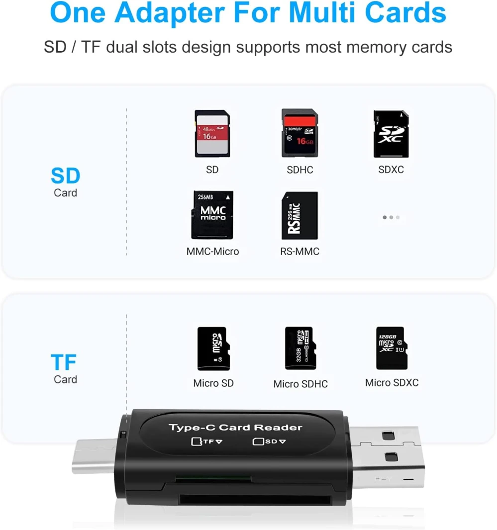 قارئ بطاقات SD عالي الجودة 2 في 1 بمنفذ USB A ومنفذ USB C