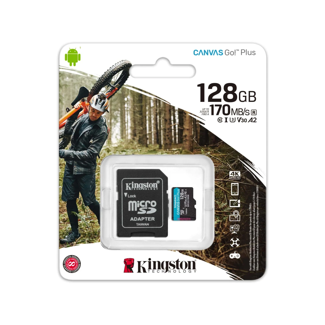 بطاقة ذاكرة Kingston Canvas Go! Plus Micro SD بسعة 128 جيجابايت مع محول - 170 ميجابايت/ثانية