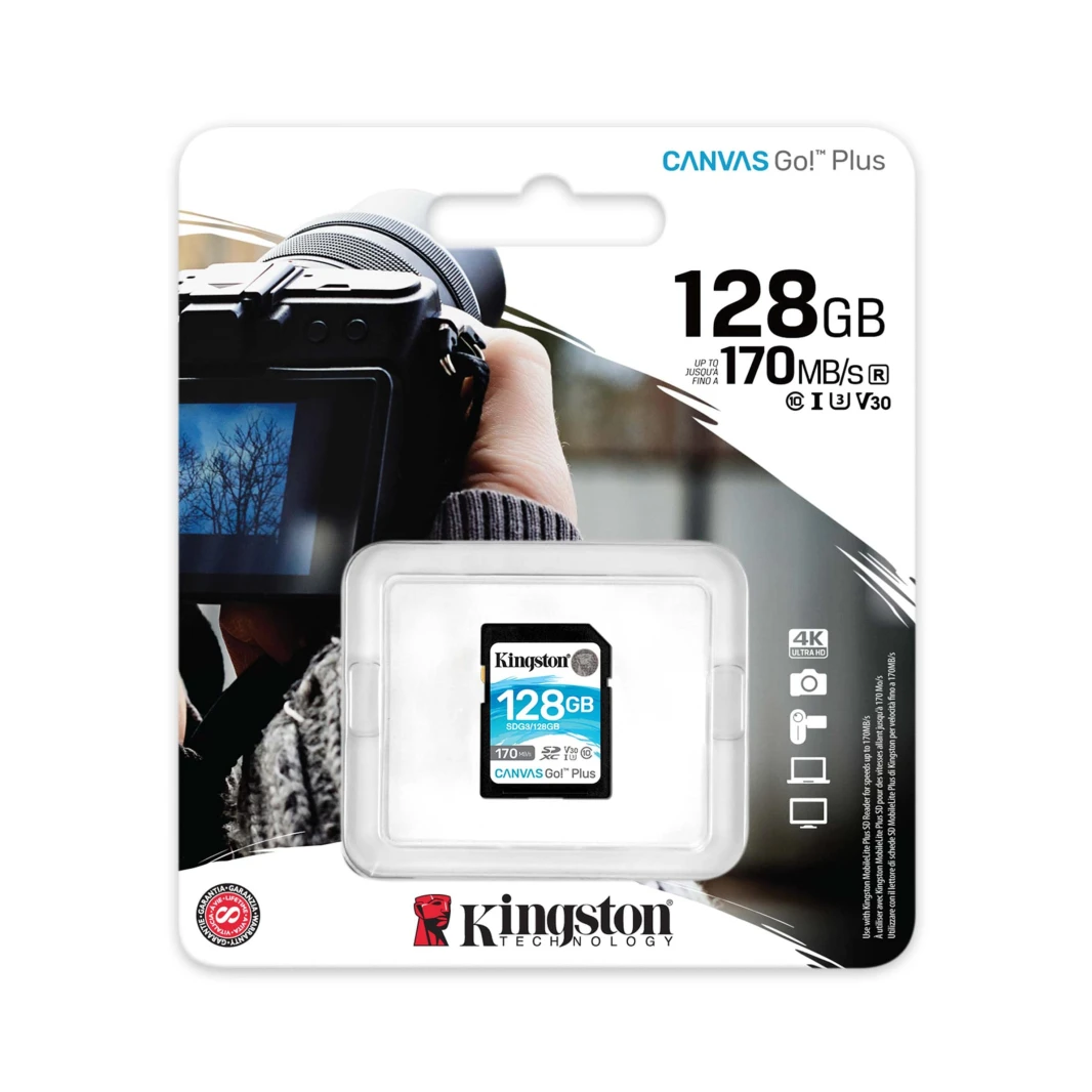 بطاقة ذاكرة Kingston Canvas Go! Plus SD بسعة 128 جيجابايت – 170 ميجابايت/ثانية