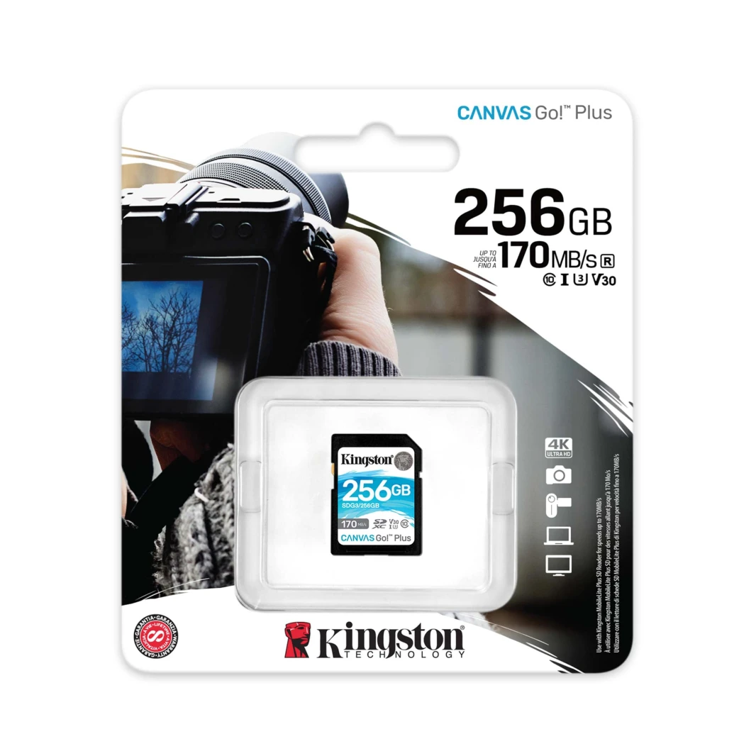 بطاقة ذاكرة Kingston Canvas Go! Plus SD بسعة 256 جيجابايت – 170 ميجابايت/ثانية