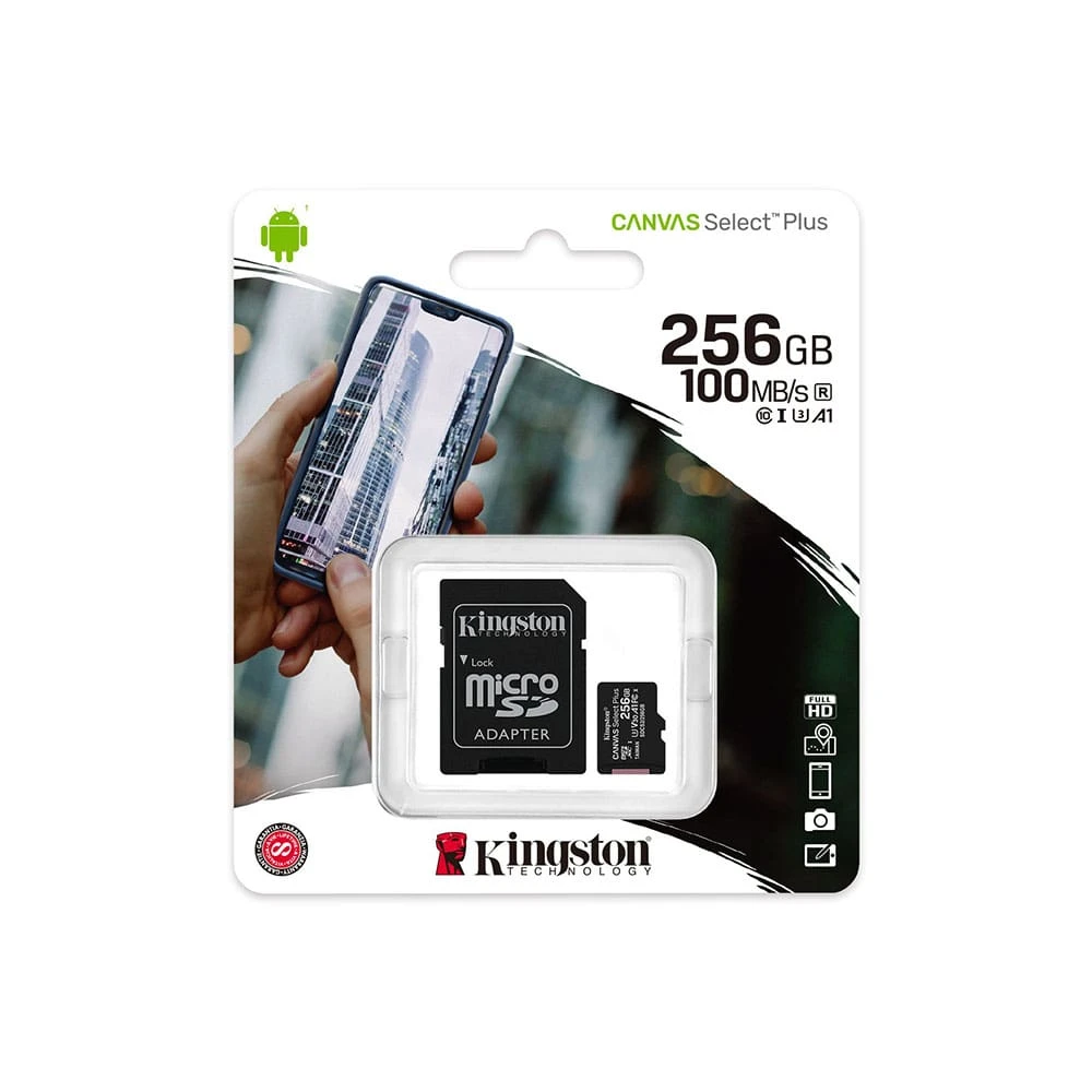 بطاقة ذاكرة Kingston 256GB microSDHC Canvas Select Plus 100MB/s Read A1 Class10 UHS-I