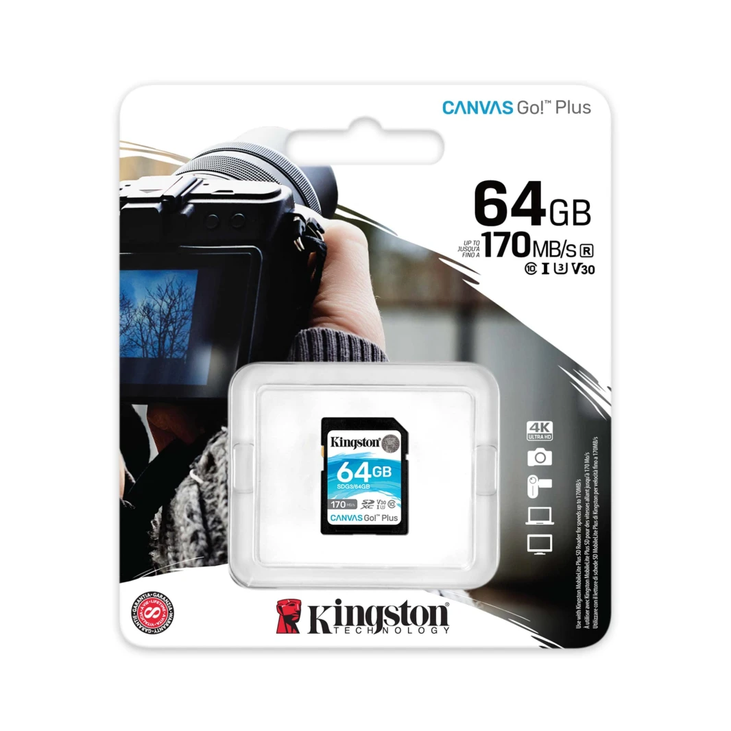 بطاقة ذاكرة Kingston Canvas Go! Plus SD بسعة 64 جيجابايت – 170 ميجابايت/ثانية