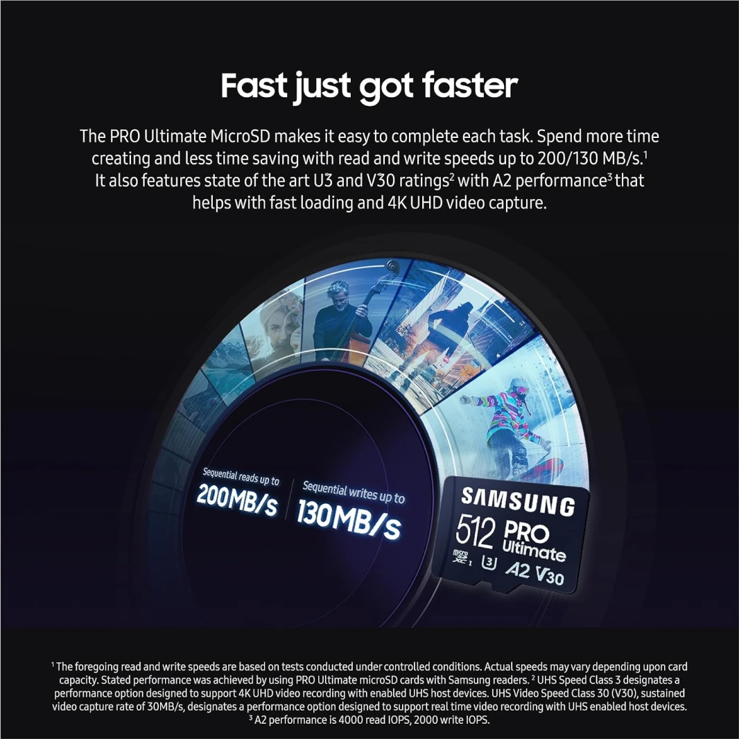 بطاقة ذاكرة Micro SD PRO Ultimate سعة 128 جيجابايت من Samsung مع محول - 200 ميجابايت/ثانية 4K UHD