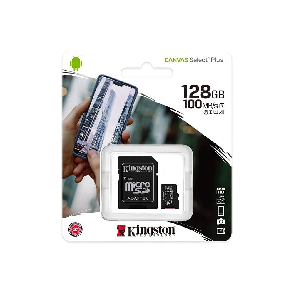 بطاقة ذاكرة Kingston 128GB microSDHC Canvas Select Plus 100MB/s Read A1 Class10 UHS-I
