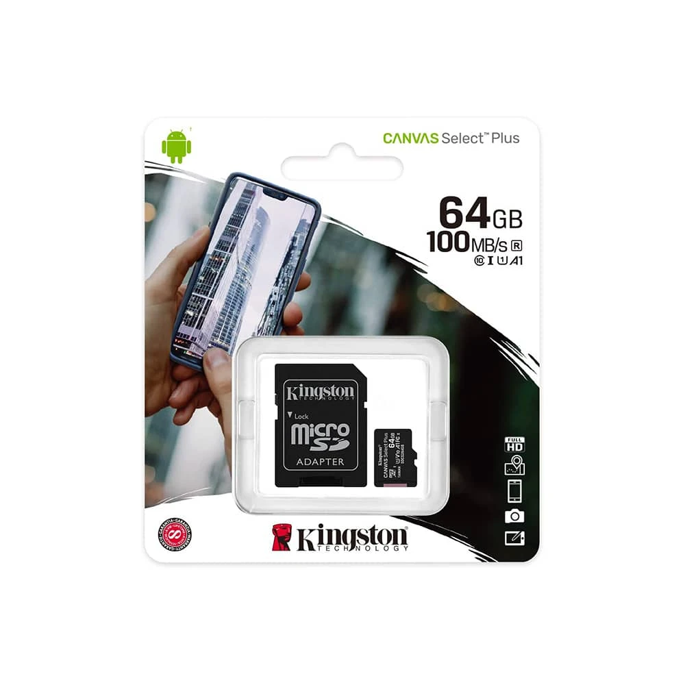بطاقة ذاكرة Kingston 64GB microSDHC Canvas Select Plus 100MB/s Read A1 Class10 UHS-I