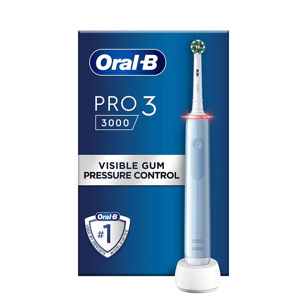 Oral-B by Braun Pro 3 3000 Electric Toothbrush with Smart Pressure Sensor & 2 Brush Heads – Blue