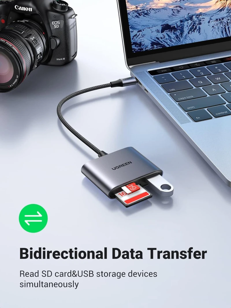 قارئ بطاقات SD USB C 3 في 1 من UGREEN مع USB 2.0