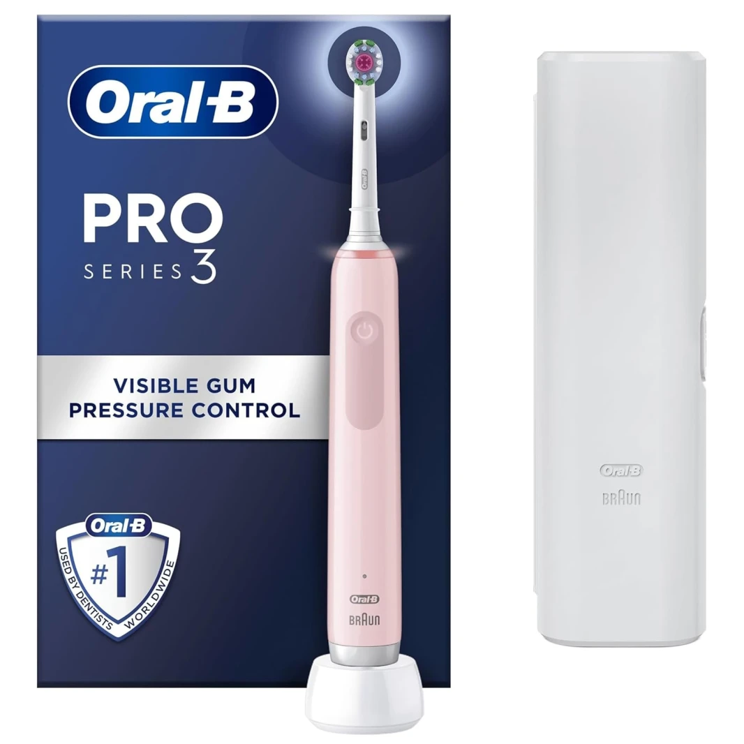 فرشاة أسنان كهربائية Oral-B Pro Series 3 مع رأس فرشاة 3D White و3 أوضاع وحقيبة سفر - وردي