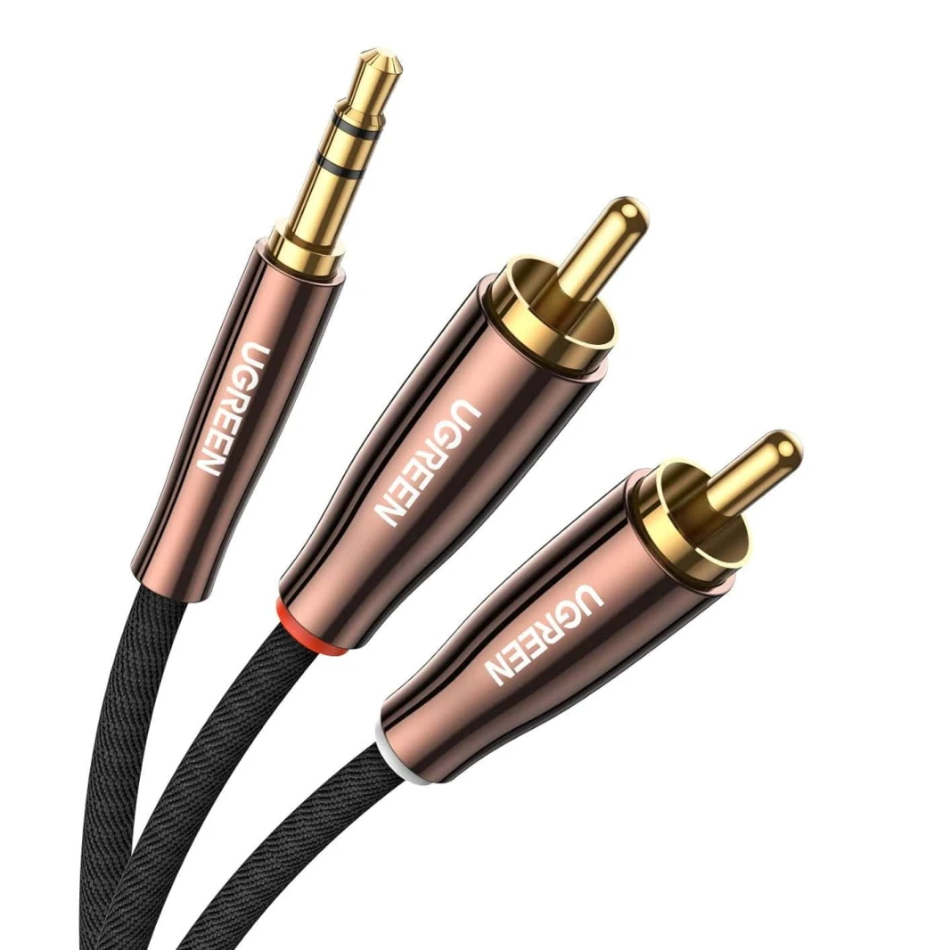 محول صوت من كابل نحاسي مضفر من UGREEN مقاس 3.5 مم إلى 2 ذكر RCA - 3 متر