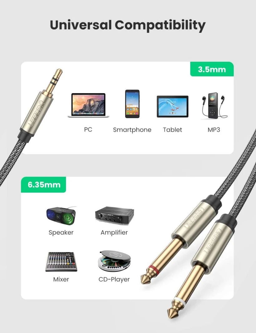 كابل صوت UGREEN 3.5 مم TRS إلى كابل صوت TS أحادي Y مزدوج مقاس 6.35 مم - 2 متر