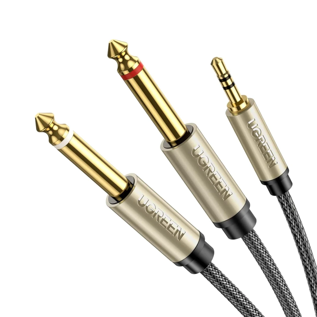 كابل صوت UGREEN 3.5 مم TRS إلى كابل صوت TS Mono Y Splitter مزدوج مقاس 6.35 مم - 5 متر