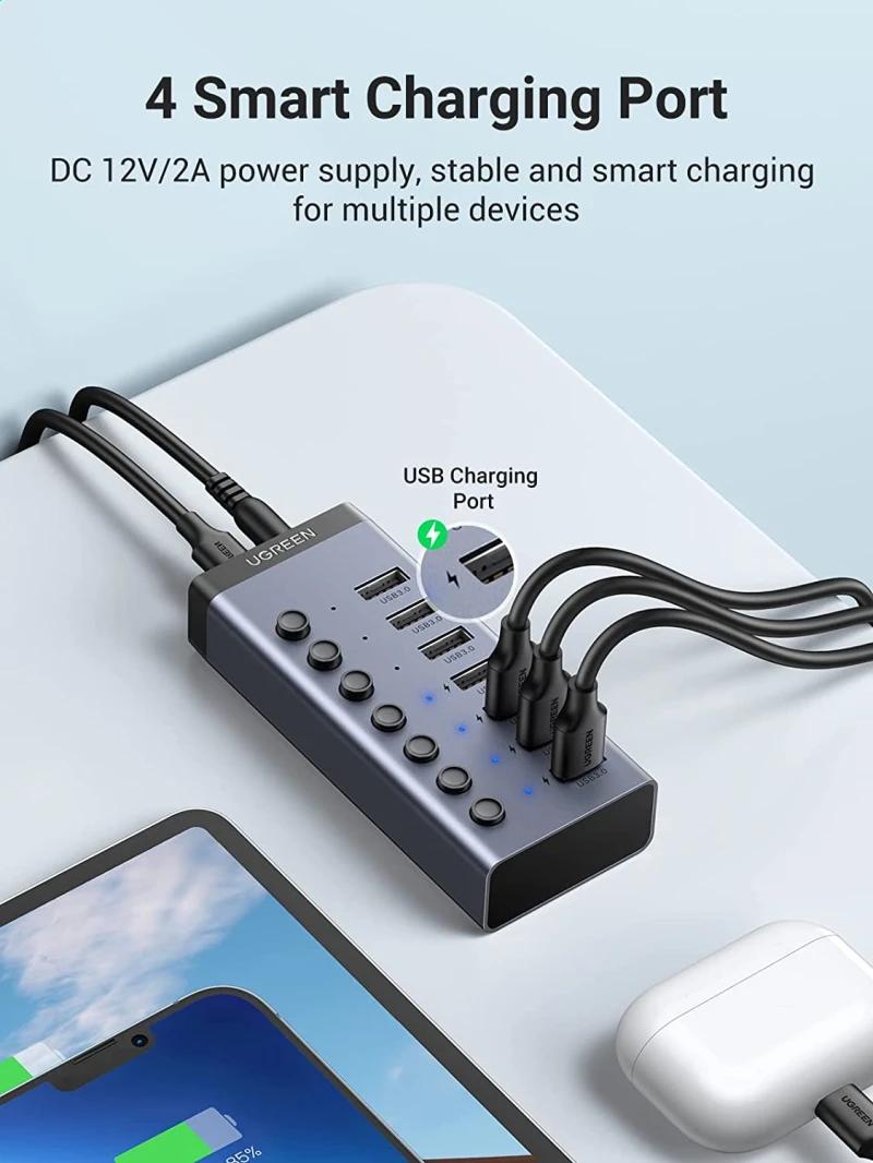 موزع USB 3.0 فردي مزود بـ 7 منافذ من UGREEN (مفتاح موزع شحن ذكي مزود بـ 4 منافذ USB)