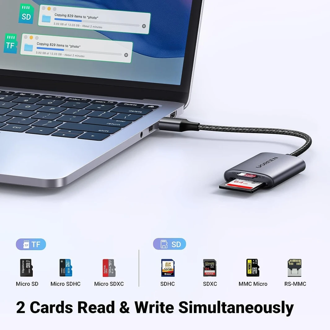 قارئ بطاقات ذاكرة SD 2 في 1 من UGREEN USB 3.0 مصنوع من الألومنيوم
