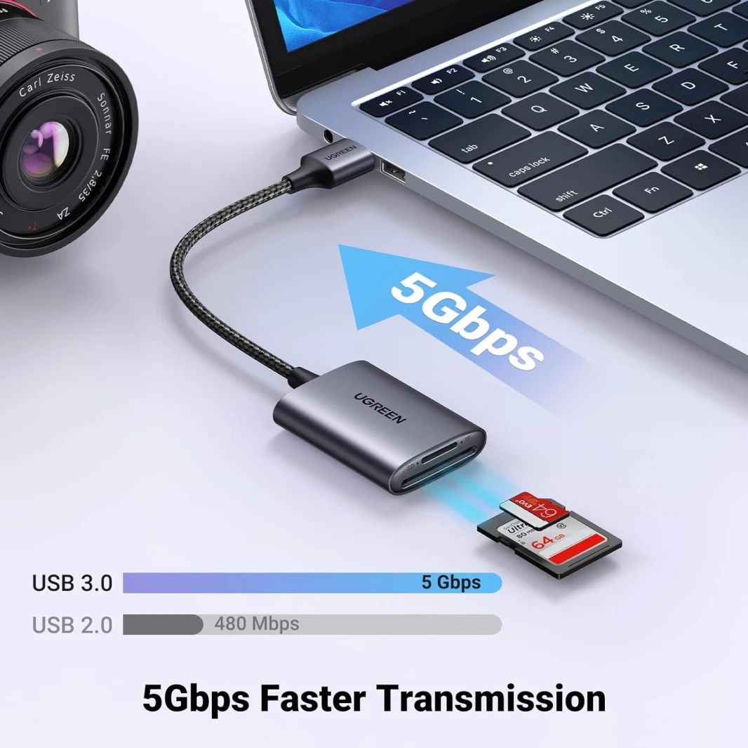 قارئ بطاقات ذاكرة SD 2 في 1 من UGREEN USB 3.0 مصنوع من الألومنيوم