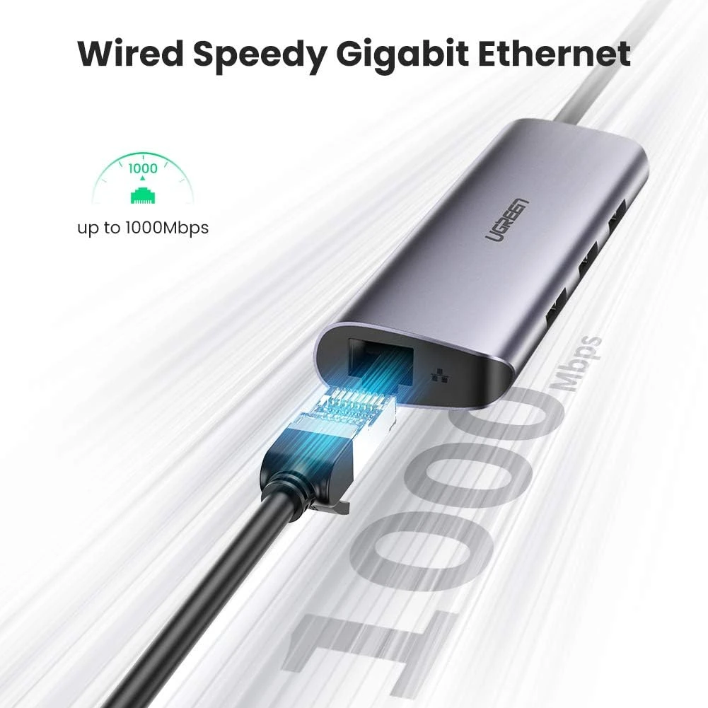 محول USB C إلى Gigabit Ethernet من UGREEN مع موزع USB 3.0 بثلاثة منافذ مع مصدر طاقة