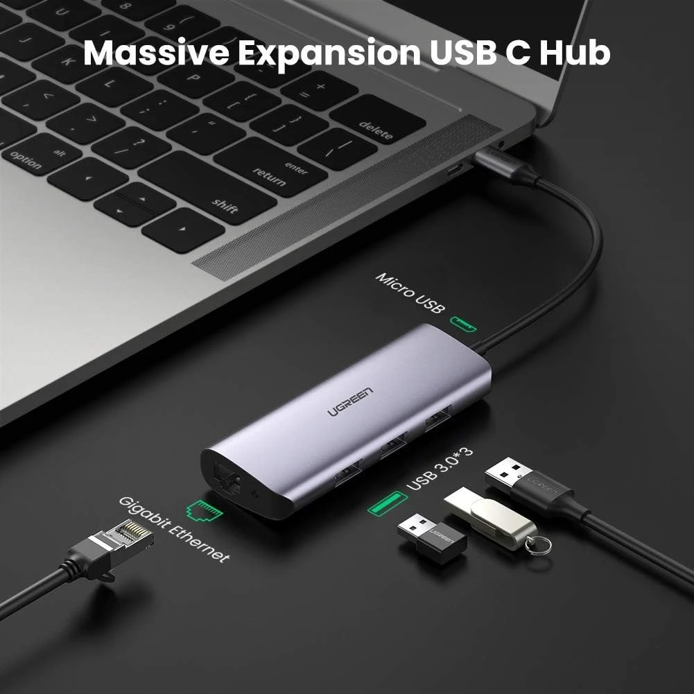 محول USB C إلى Gigabit Ethernet من UGREEN مع موزع USB 3.0 بثلاثة منافذ مع مصدر طاقة