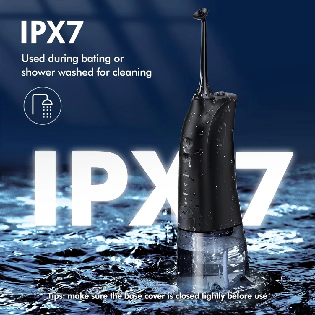 جهاز تنظيف الأسنان بالماء المحمول ديميتا 3 أوضاع و5 رؤوس نفثية IPX7 مقاوم للماء - أسود