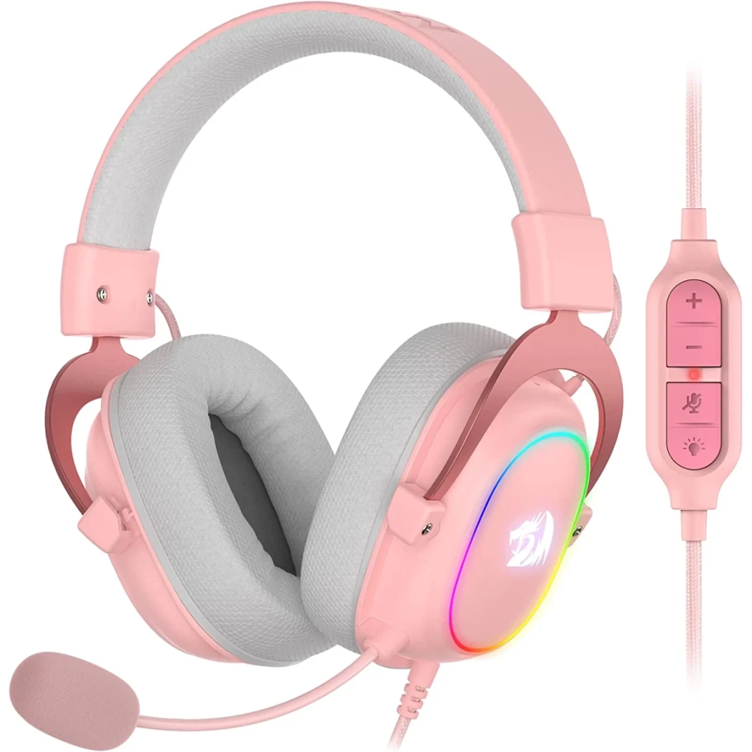 سماعات أذن Redragon H510 Zeus-X RGB 7.1 Surround Sound 53MM مزودة بمحركات من إسفنج الذاكرة مع غطاء من القماش المتين - وردي