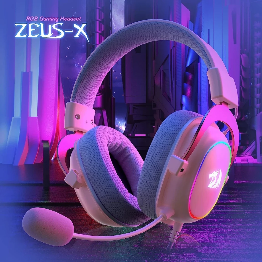 سماعات أذن Redragon H510 Zeus-X RGB 7.1 Surround Sound 53MM مزودة بمحركات من إسفنج الذاكرة مع غطاء من القماش المتين - وردي