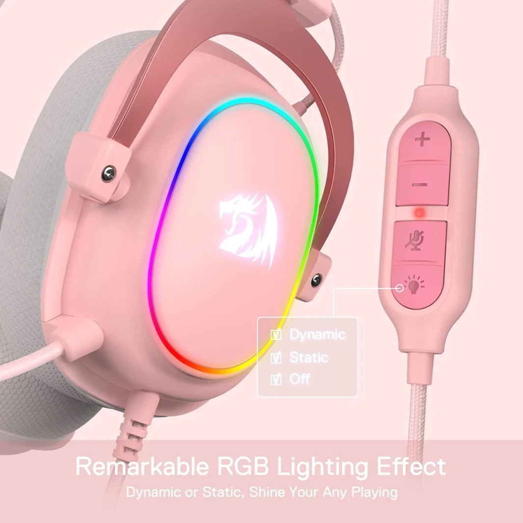 سماعات أذن Redragon H510 Zeus-X RGB 7.1 Surround Sound 53MM مزودة بمحركات من إسفنج الذاكرة مع غطاء من القماش المتين - وردي