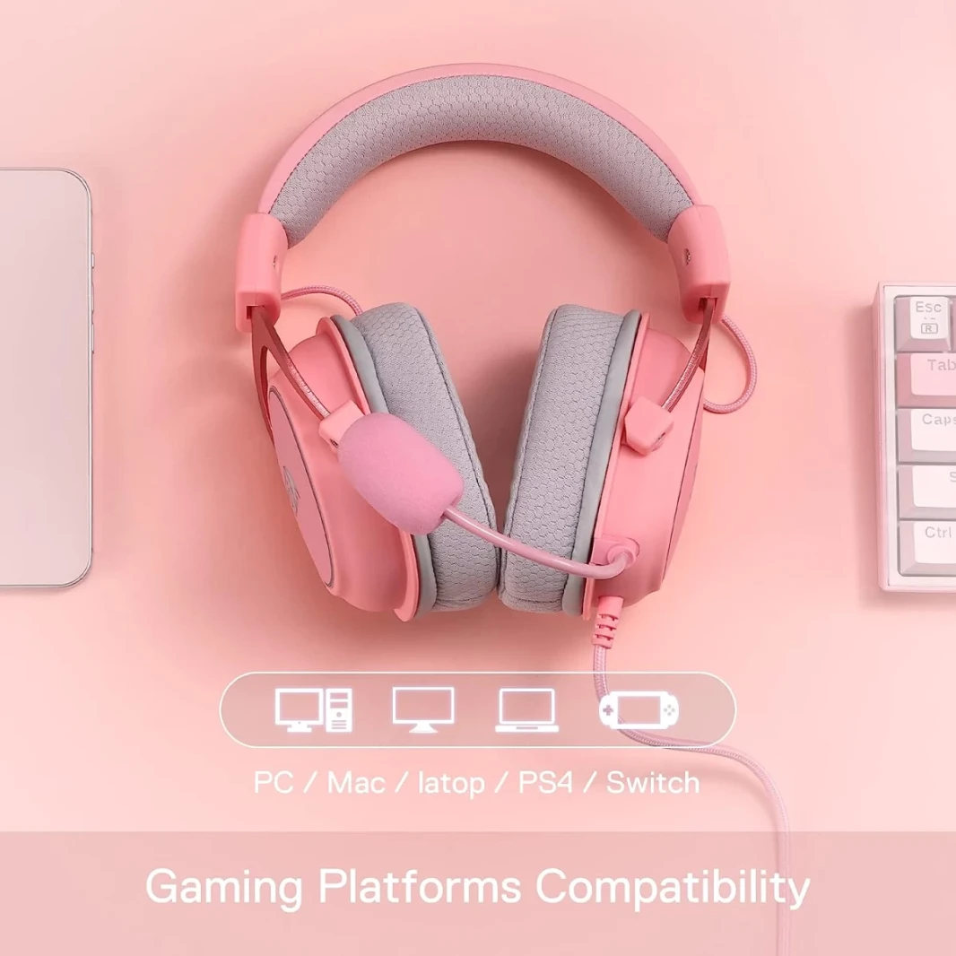 سماعات أذن Redragon H510 Zeus-X RGB 7.1 Surround Sound 53MM مزودة بمحركات من إسفنج الذاكرة مع غطاء من القماش المتين - وردي