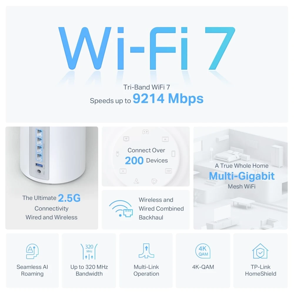 TP-Link Deco BE65 BE9300 نظام WiFi 7 ثلاثي النطاق للمنزل بالكامل بسرعات تصل إلى 9214 ميجابت في الثانية (حزمة واحدة)