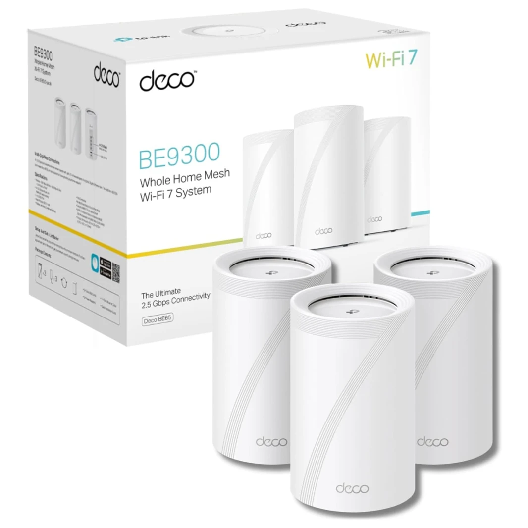 نظام TP-Link Deco BE65 BE9300 Whole Home Mesh Tri-Band WiFi 7 بسرعات تصل إلى 9214 ميجابت في الثانية (حزمة من 3 قطع)