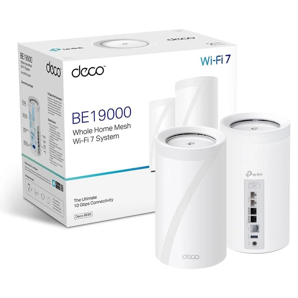نظام TP-Link Deco BE85 BE19000 ثلاثي النطاق لشبكة WiFi 7 للمنزل بالكامل (عبوة من قطعتين)