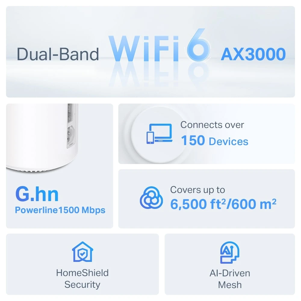 نظام TP-Link Deco PX50 AX3000 + G1500 Whole Home Powerline Mesh WiFi 6 (عبوة من 3 قطع)