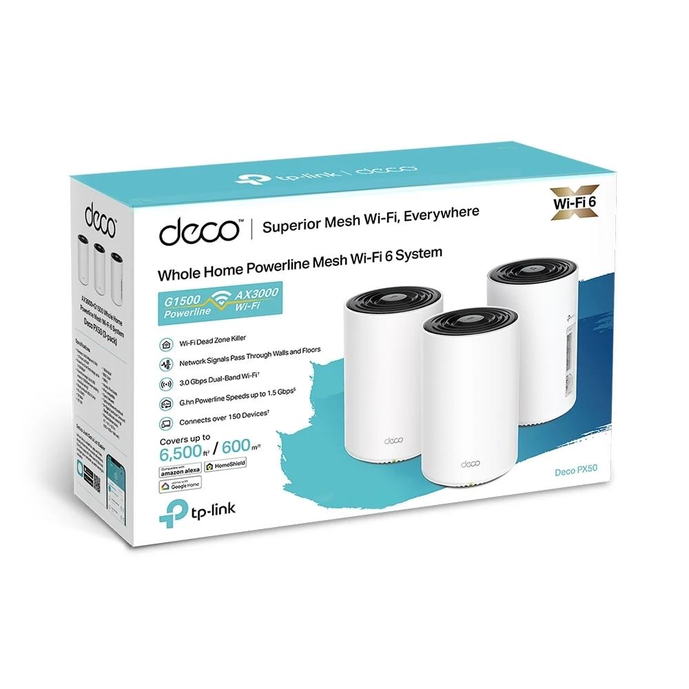 نظام TP-Link Deco PX50 AX3000 + G1500 Whole Home Powerline Mesh WiFi 6 (عبوة من 3 قطع)